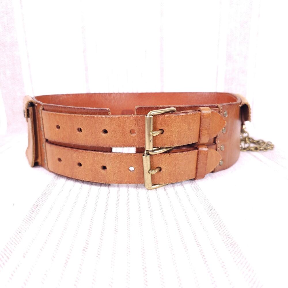 Linea Pelle Belt Womens Small Brown Leather Wide Chain Boho Hippy Burning man